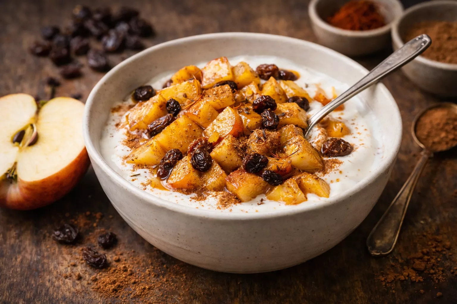 Ziegen- oder Schafjoghurt mit Apfel, Zimt und Rosinen